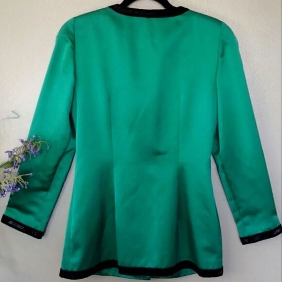 VTG 90s Della Roufogali Green Satin Black Embellished Designer Blazer Size 6 - Picture 10 of 11
